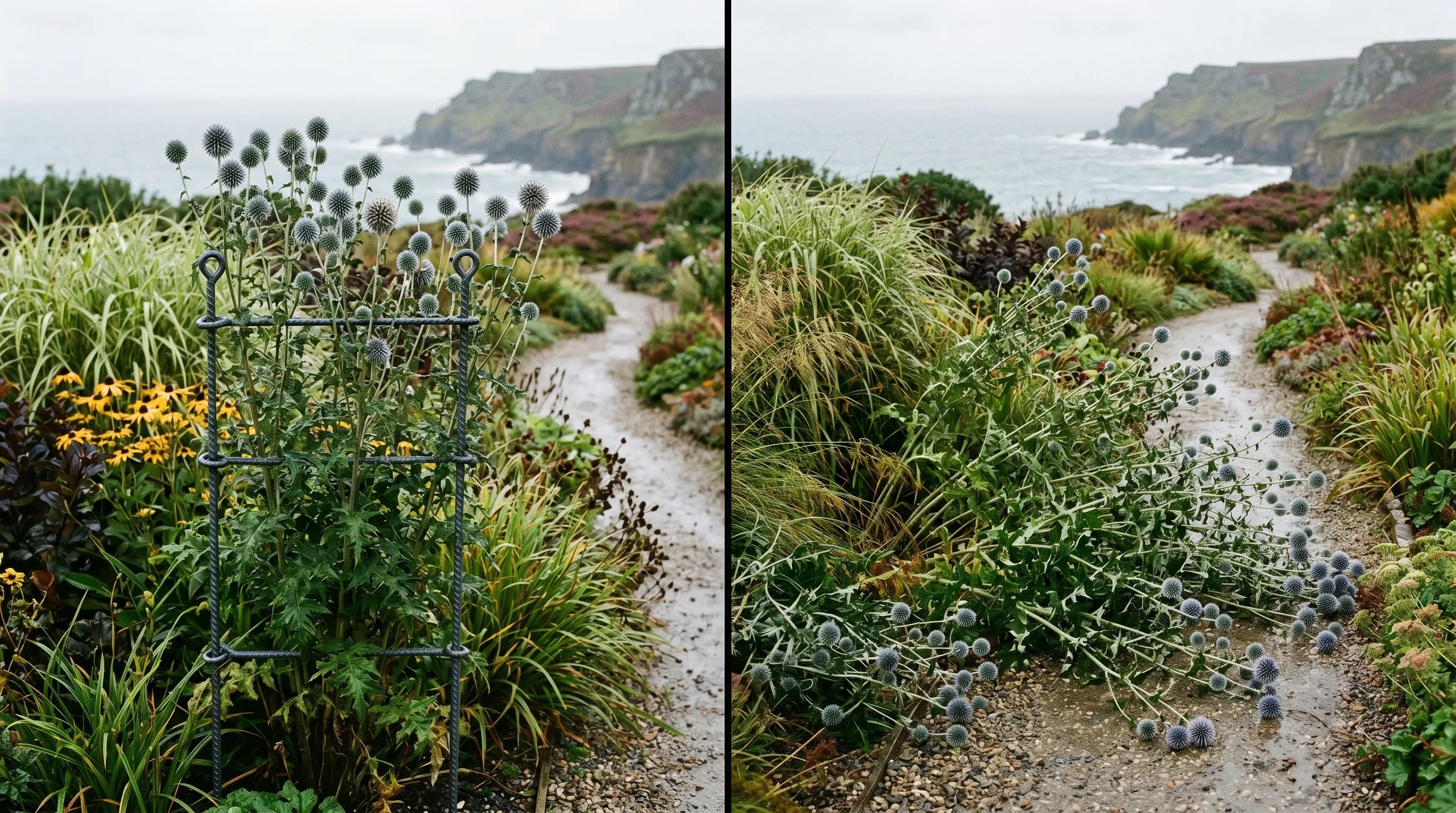 Diagnostic comparison of correctly staked Echinops alongside an unstaked plant flopping after summer rainfall