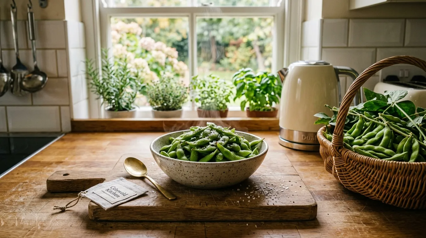 Bowl of steamed edamame pods sprinkled with sea salt on a wooden board next to a harvest basket