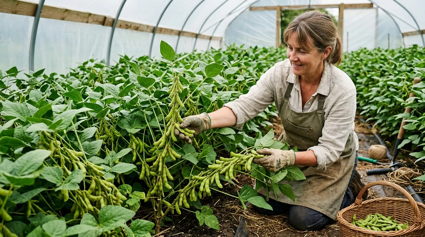 Edamame soybean plants growing in a UK polytunnel in late July with fuzzy green pods clustered along the stems