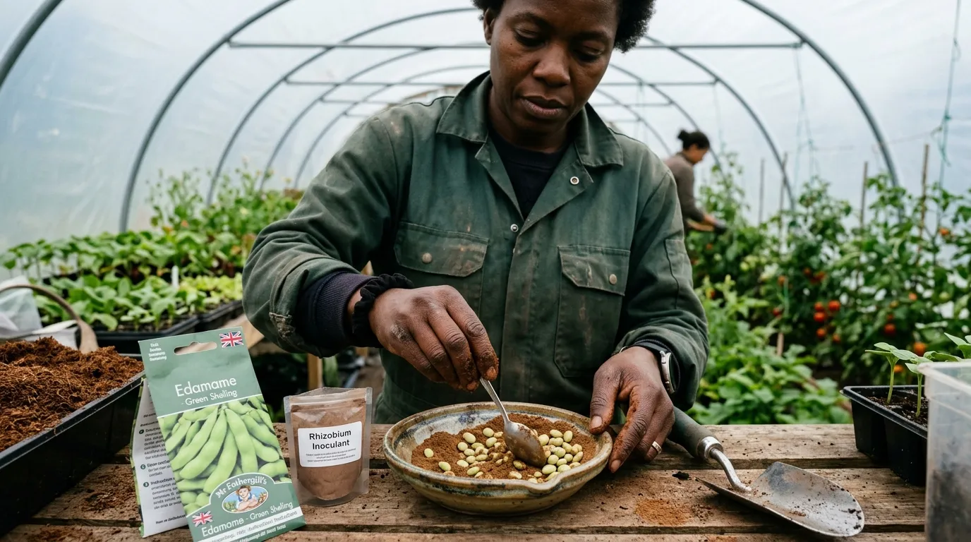 Black UK gardener inoculating edamame seeds with brown powder rhizobium inoculant in a shallow dish before sowing