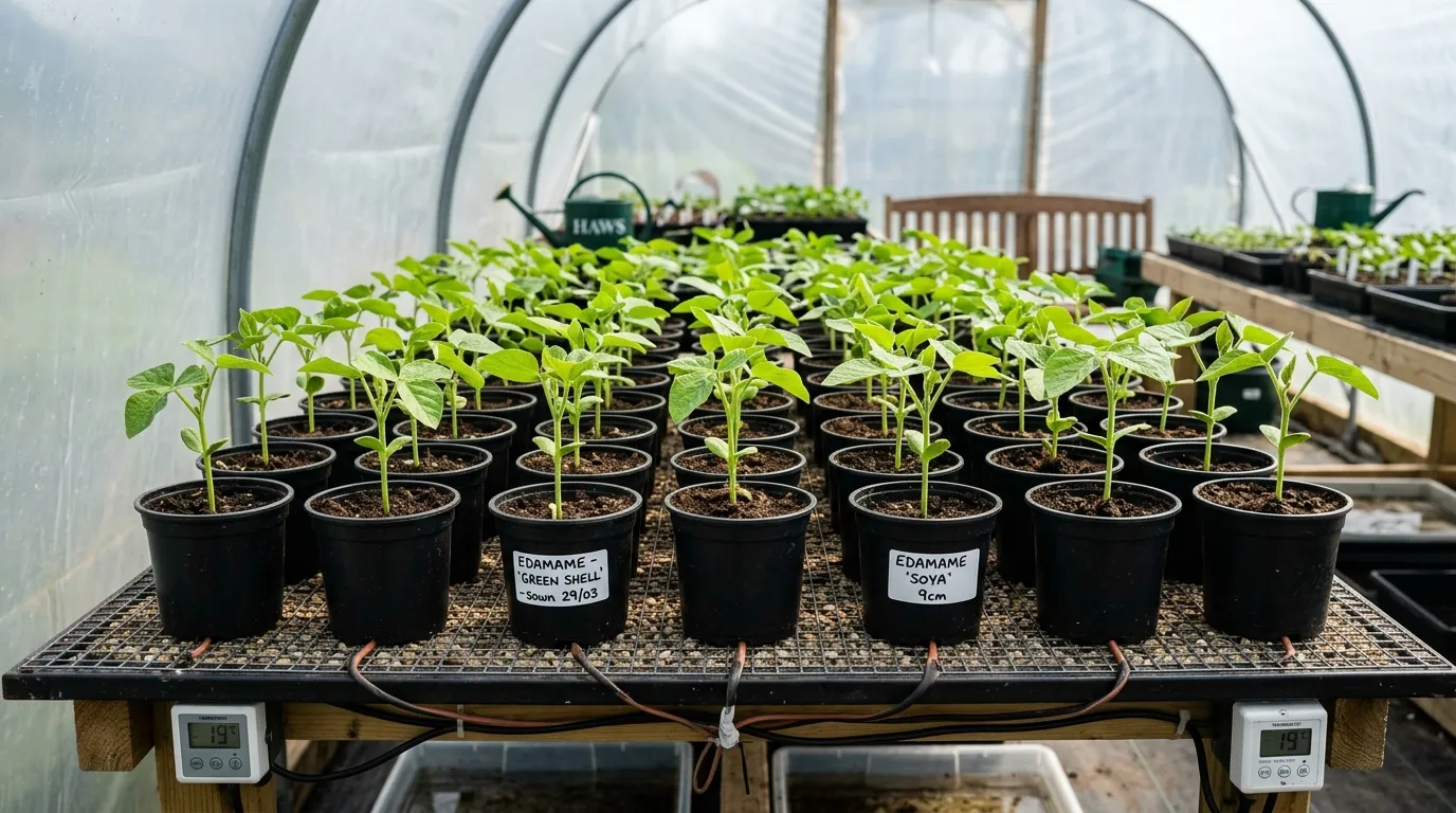 Young edamame seedlings in 9cm pots on a heated propagator inside a UK polytunnel in late April