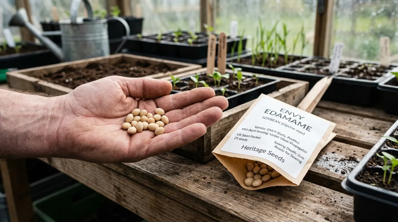 Edamame seeds in a hand alongside a seed packet labelled Envy variety ready for sowing in mid-April under glass