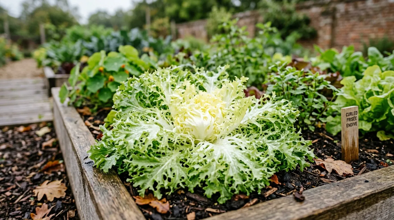 Curly endive frisee growing in a UK kitchen garden raised bed with blanched white heart visible