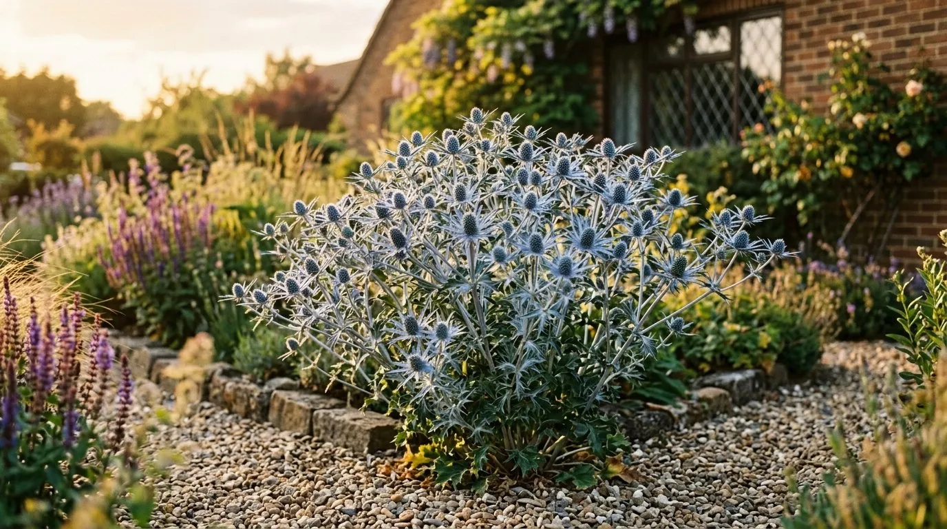 A clump of steel-blue sea holly (Eryngium) flowering in a sunny UK gravel garden