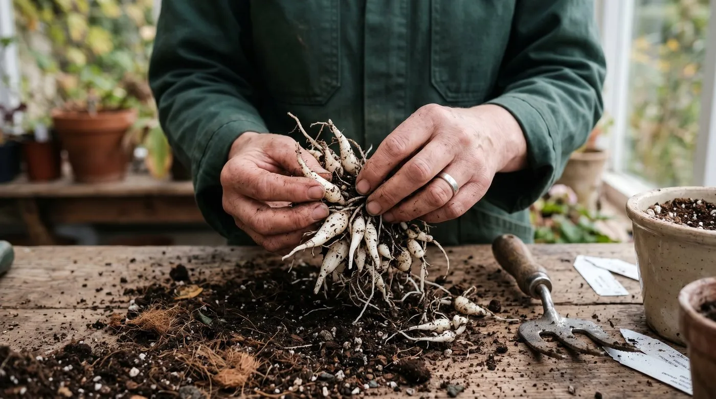 Gardener carefully dividing a dormant erythronium clump showing the long white corms and offsets