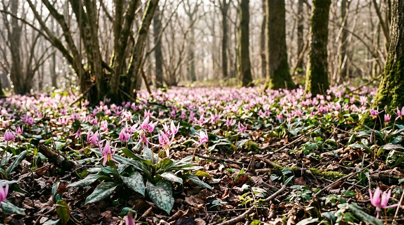 Drift of pink Erythronium dens-canis dog's tooth violet flowering in dappled UK woodland shade