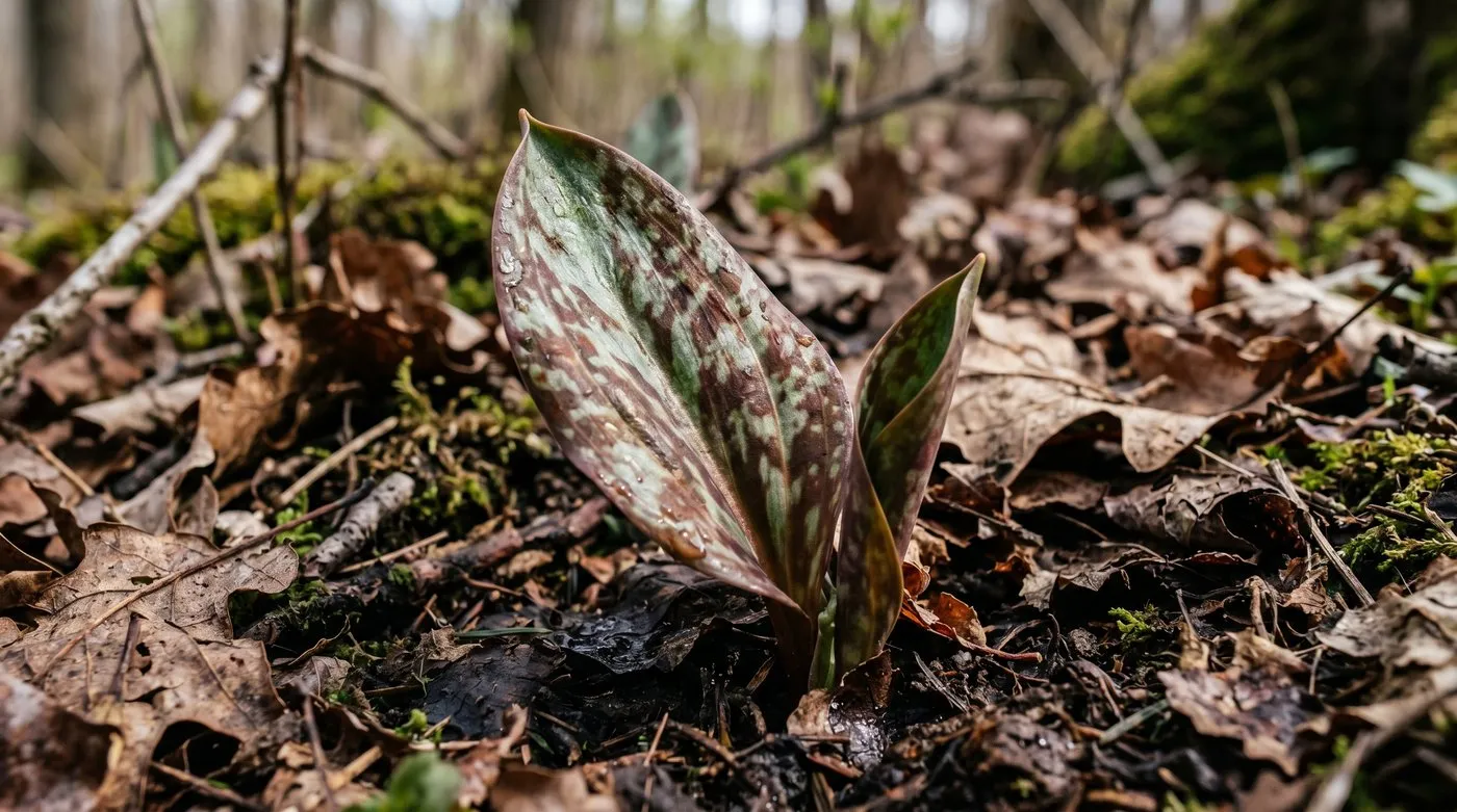 Bronze and maroon marbled foliage of erythronium emerging in early spring leaf litter