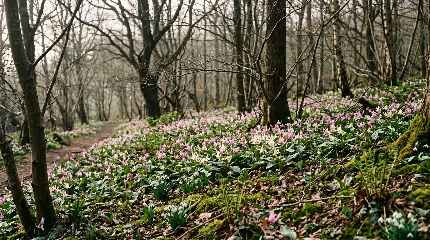 Pink and white erythroniums naturalised in a drift under bare deciduous trees in a UK woodland garden