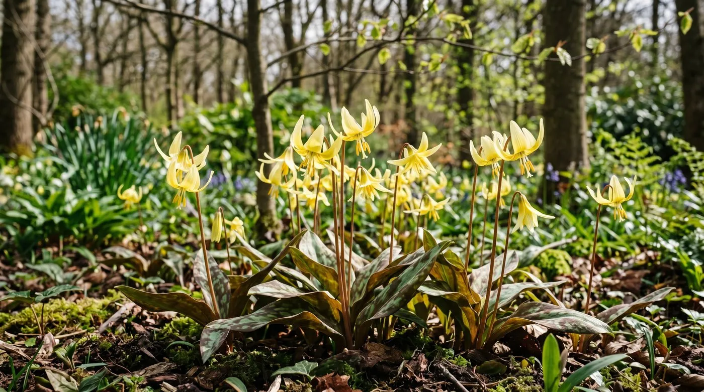 Yellow Erythronium 'Pagoda' flowering in a leafmould-rich woodland border under bare trees
