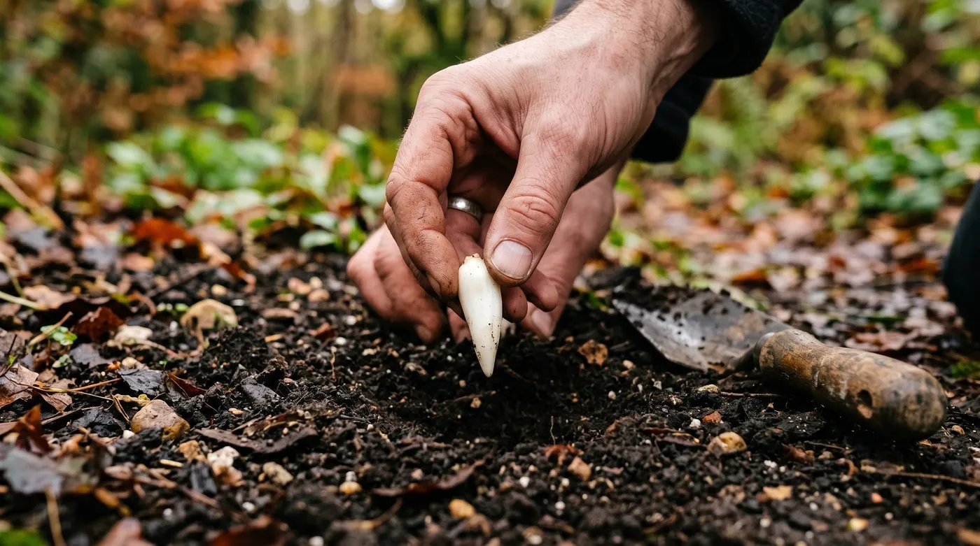 Hand placing a long white tooth-shaped erythronium corm into a planting hole at 10 to 12cm deep