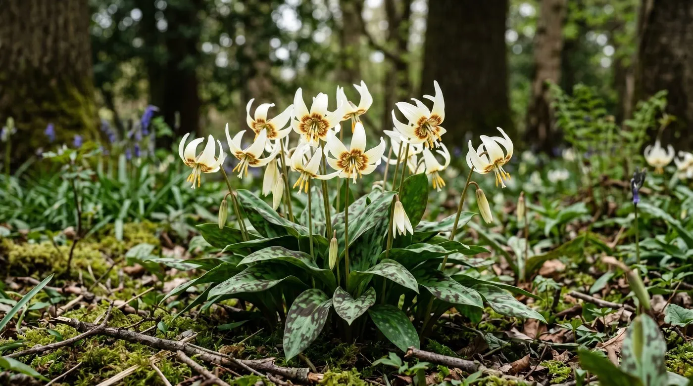 Creamy white Erythronium californicum White Beauty flowering in a mottled-leaved clump in spring shade