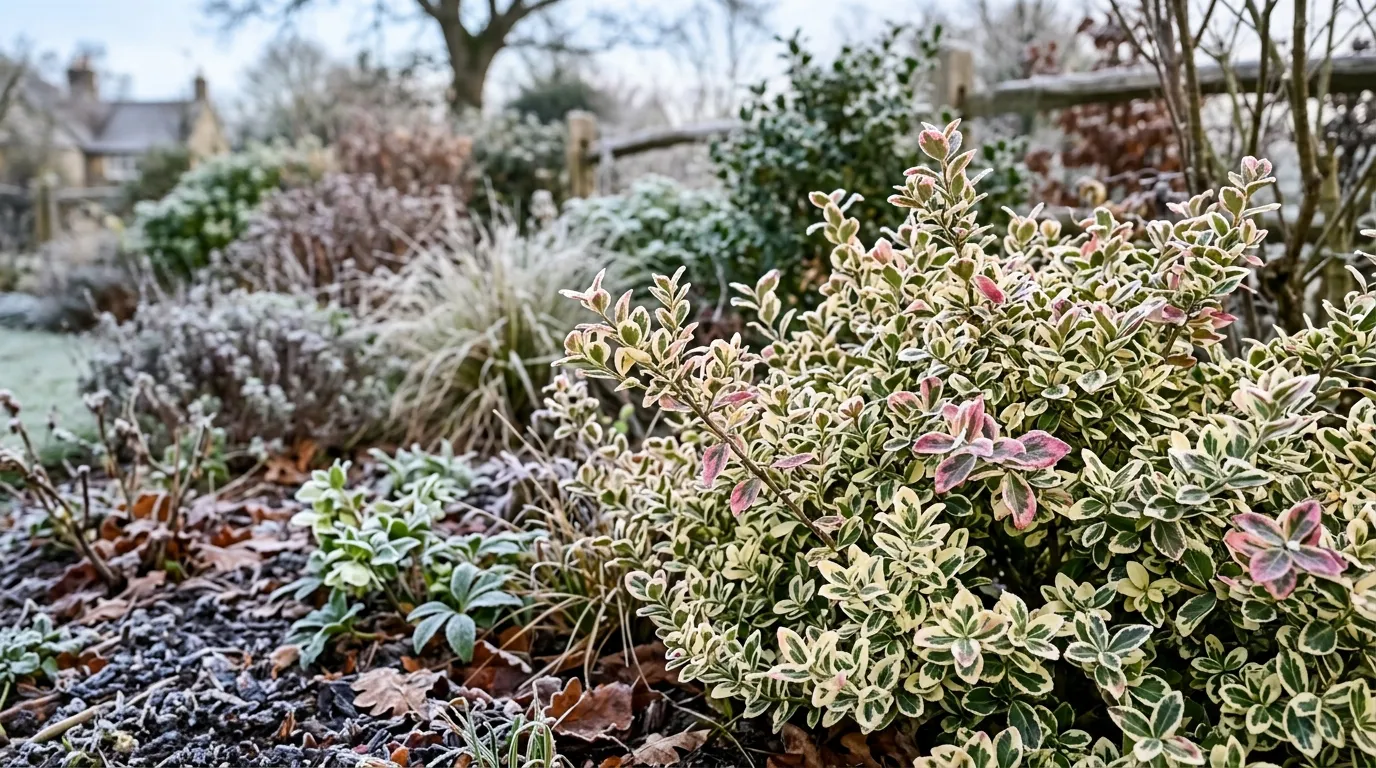 Variegated Euonymus fortunei Emerald Gaiety with cream and green leaves bringing winter colour to a UK garden border