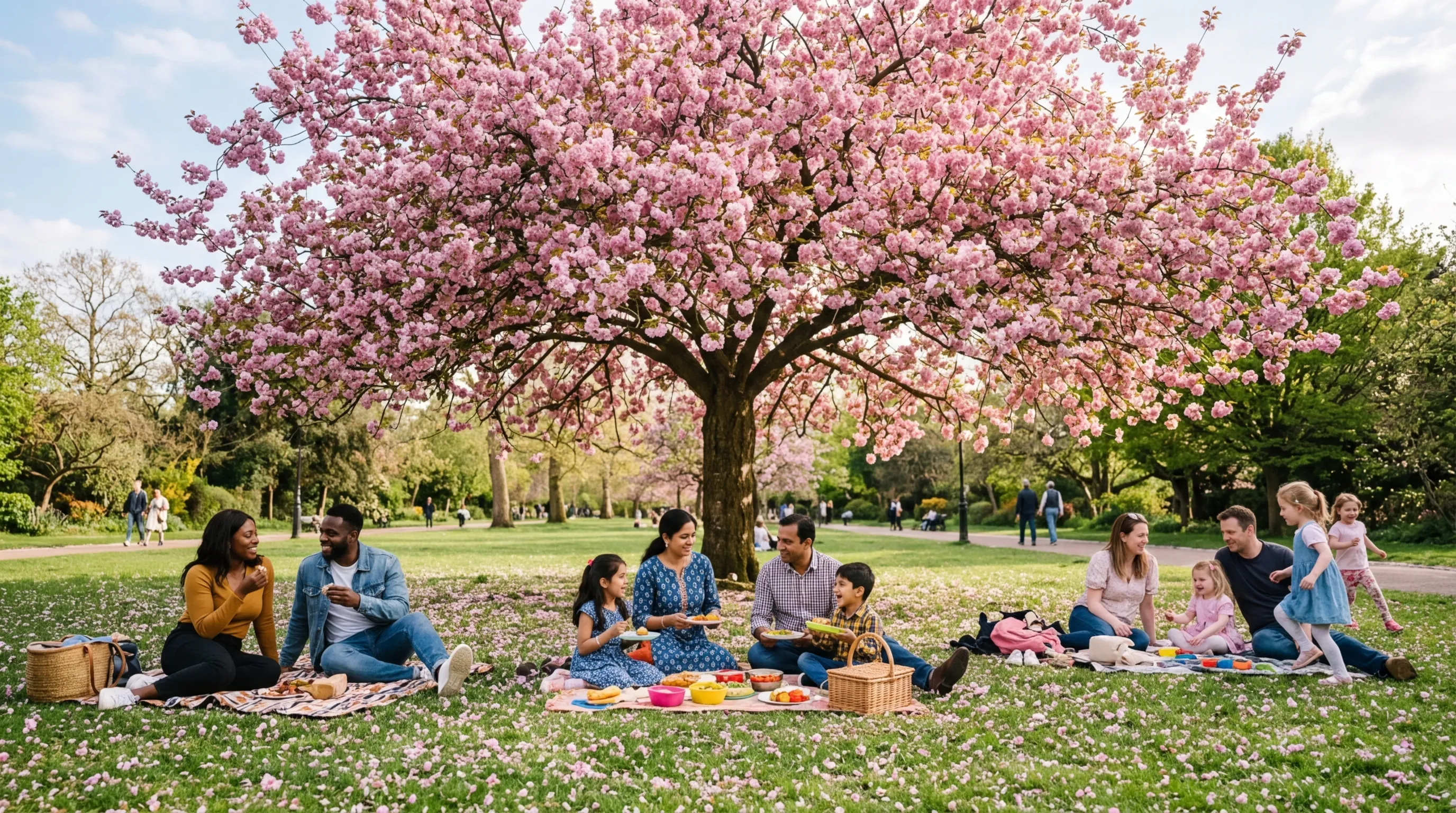 Flowering cherry tree in full pink blossom in a UK park with families enjoying a spring picnic