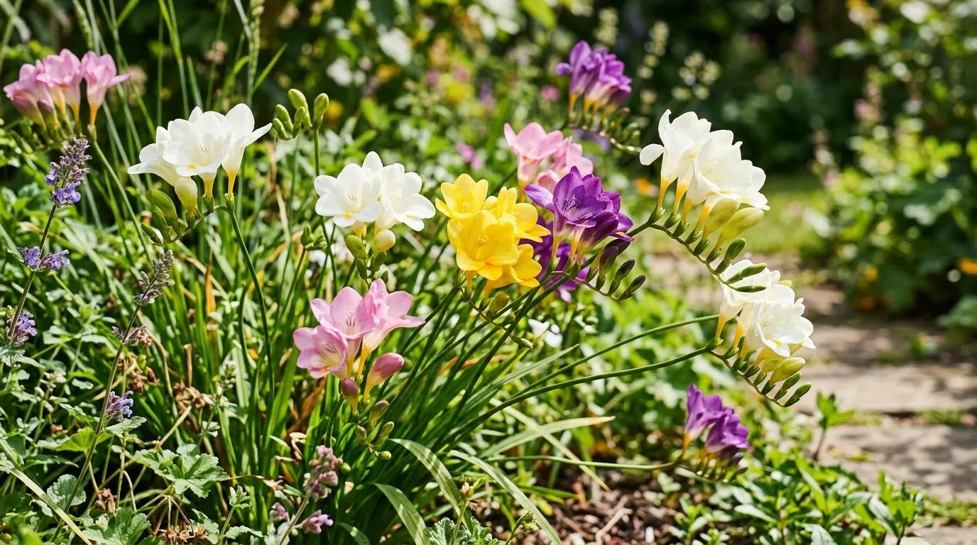Freesia flowers in mixed colours growing in a sunny UK garden border