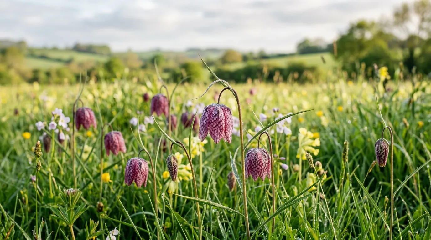 Snake's head fritillaria growing in a damp UK wildflower meadow with purple checkered bell flowers