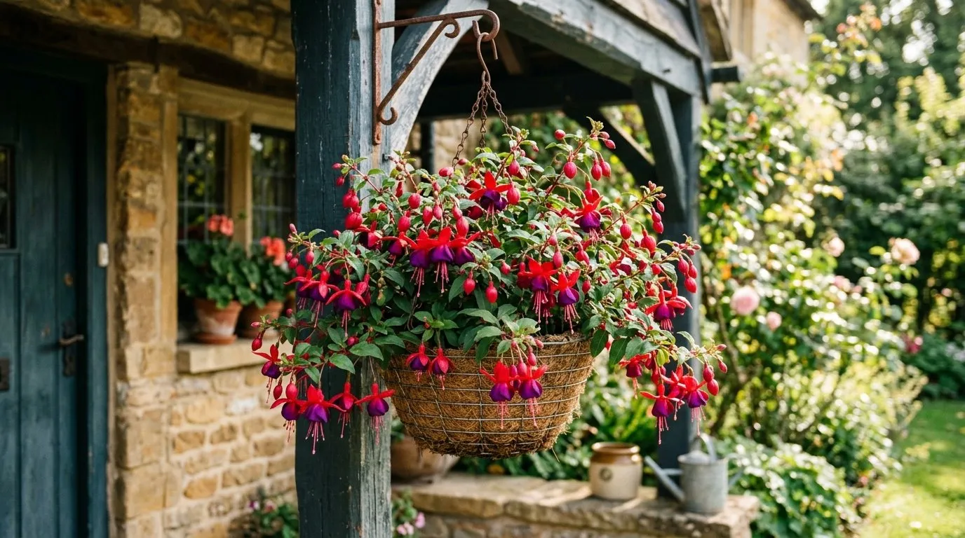 Fuchsia plant with dangling red and purple blooms in a hanging basket on a British porch