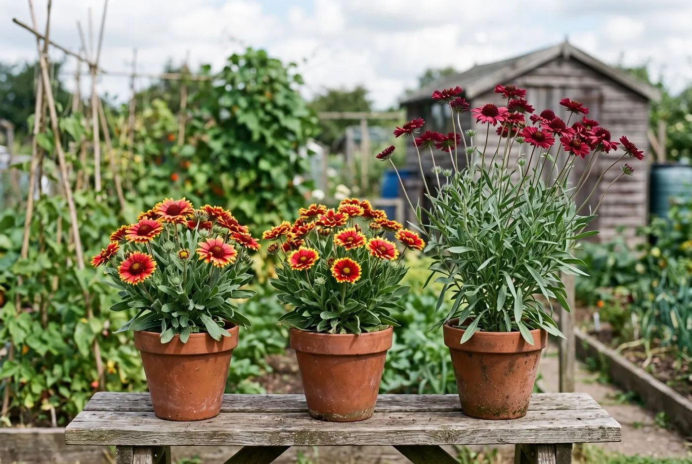 Gaillardia plants in red, yellow and deep wine-red flowering side by side in pots on an allotment plot