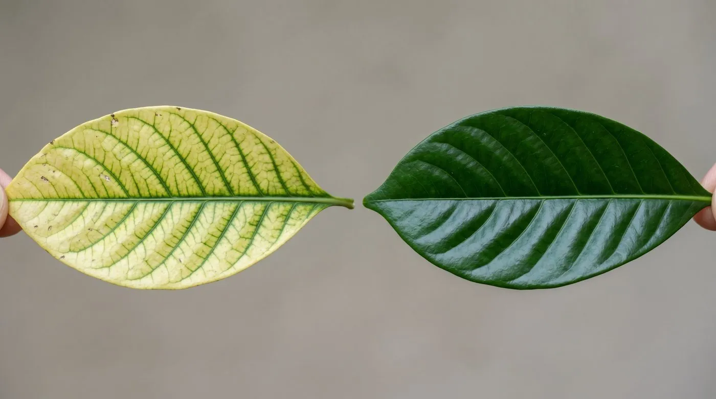 Side-by-side gardenia leaves showing yellow chlorotic foliage next to healthy dark green leaves