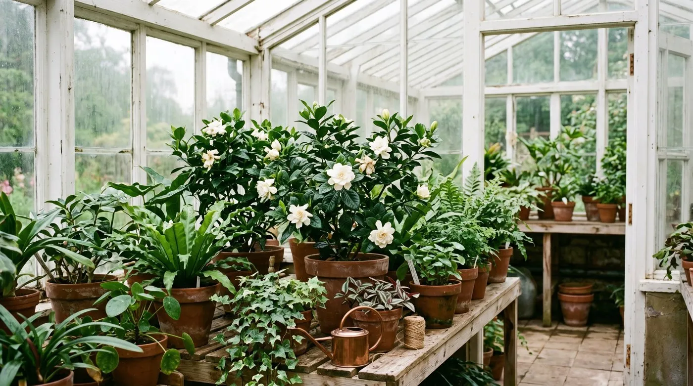 Potted gardenias on staging inside a bright UK conservatory garden room