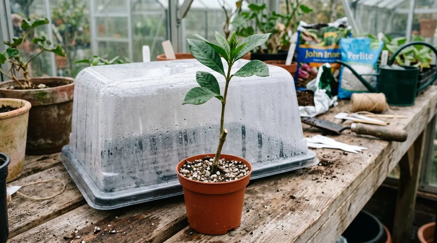 Semi-ripe gardenia cutting in a compost and perlite mix inside a heated propagator