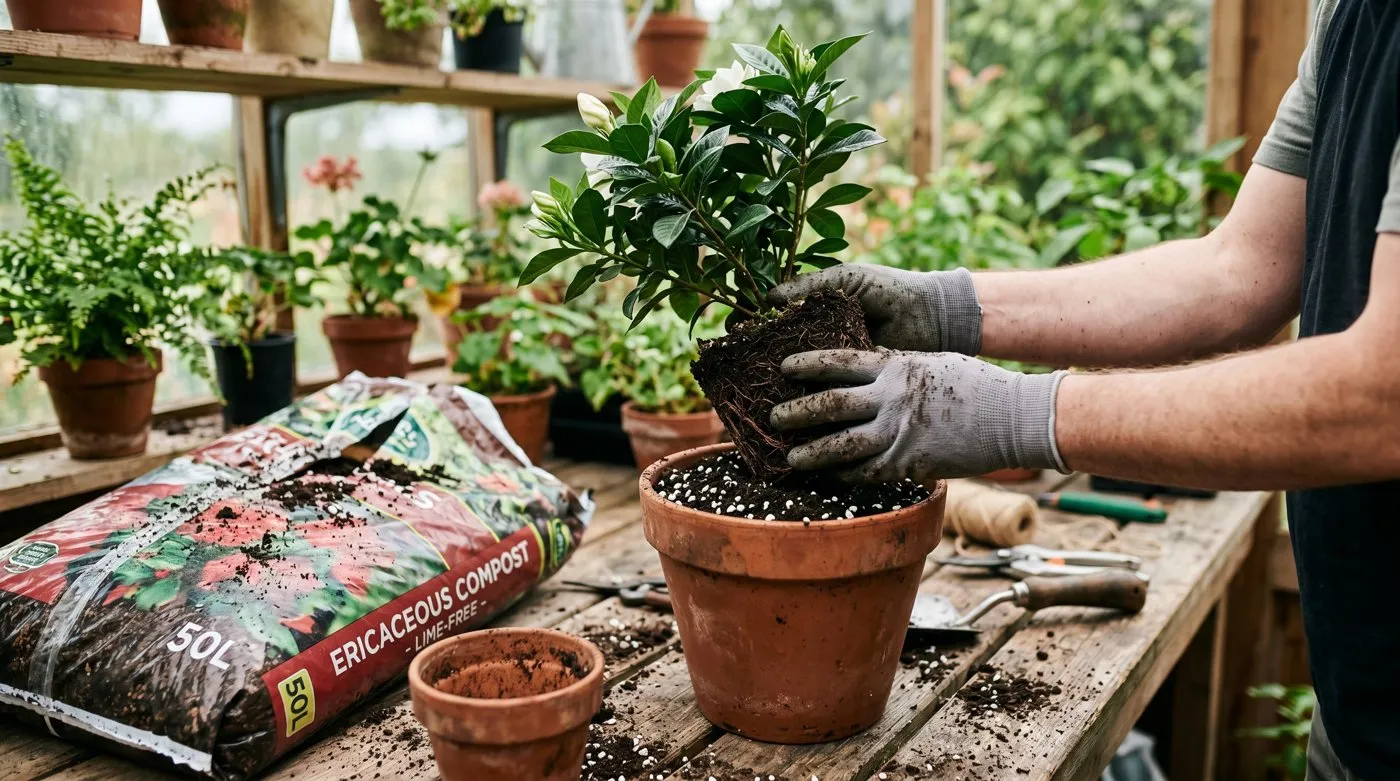 Repotting a gardenia into fresh ericaceous compost mixed with perlite