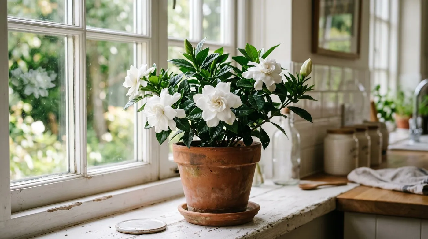 Gardenia in full white bloom on a bright windowsill in a UK home