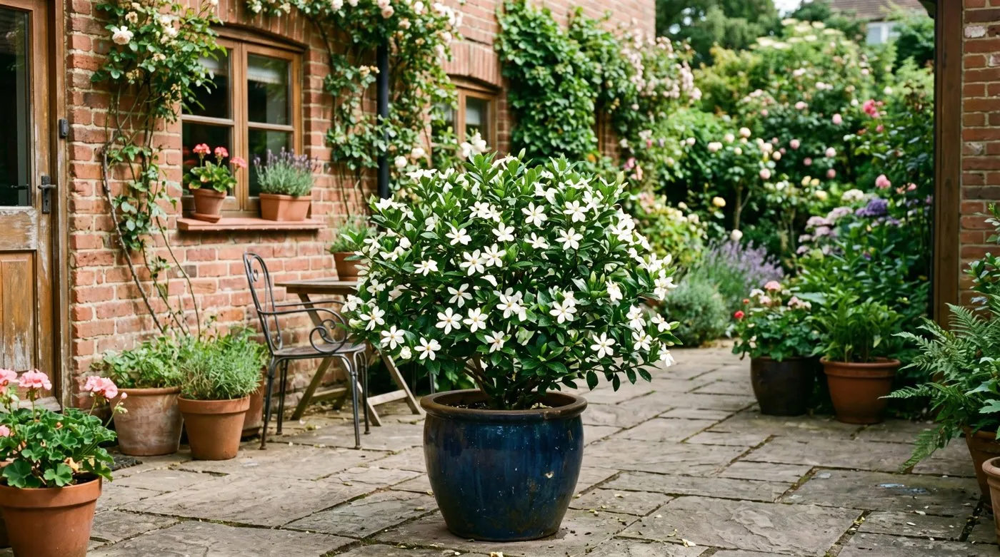 Kleim's Hardy gardenia in flower in a pot on a sheltered sunny UK patio