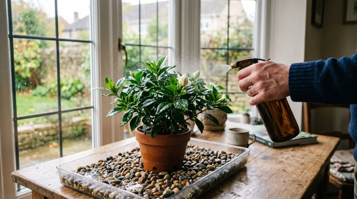 Misting a gardenia stood on a gravel and water pebble tray to raise humidity