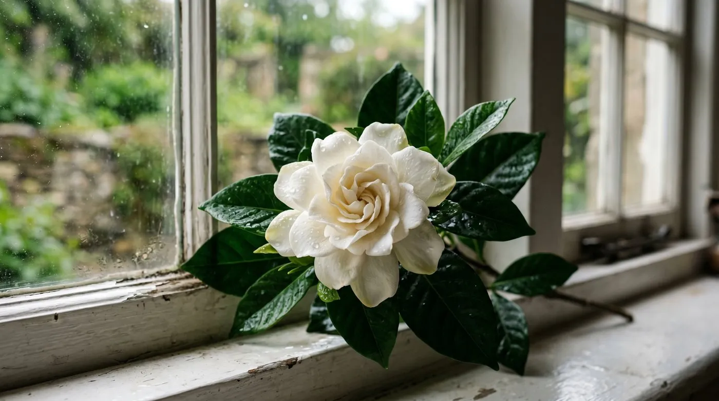 Gardenia in full white bloom on a bright kitchen windowsill in a UK home