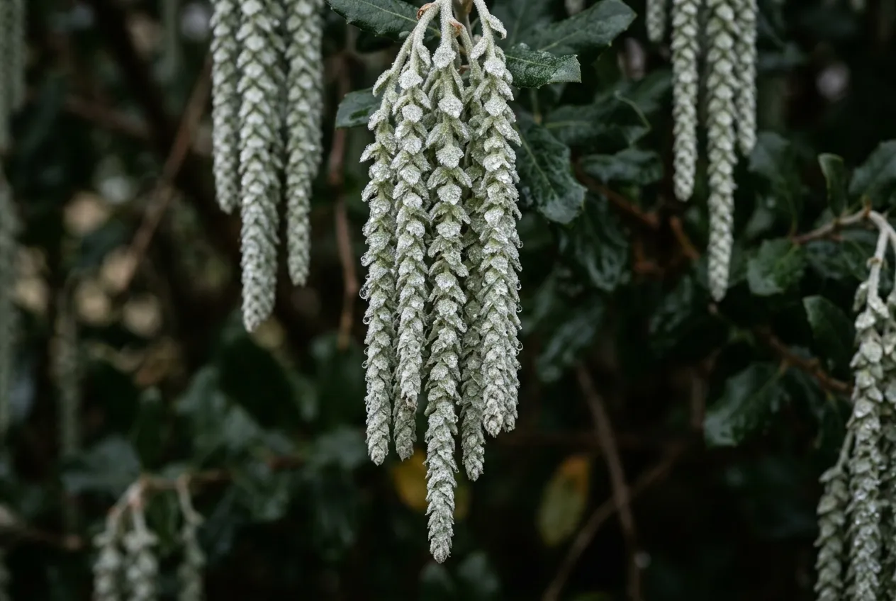 Close-up of garrya elliptica catkins with silvery-green pendant tassels glistening with morning dew