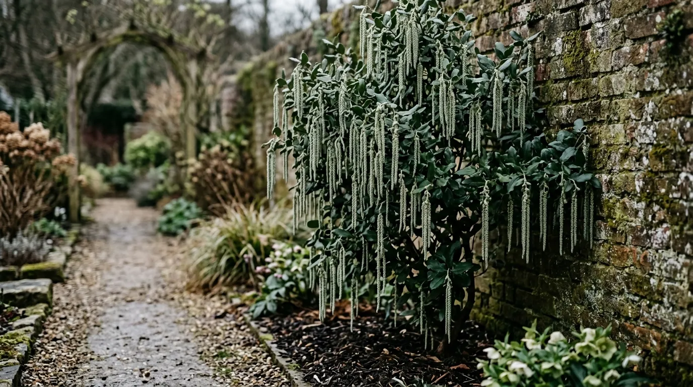 Garrya elliptica silk tassel bush with long silvery catkins growing against a brick wall in a UK winter garden