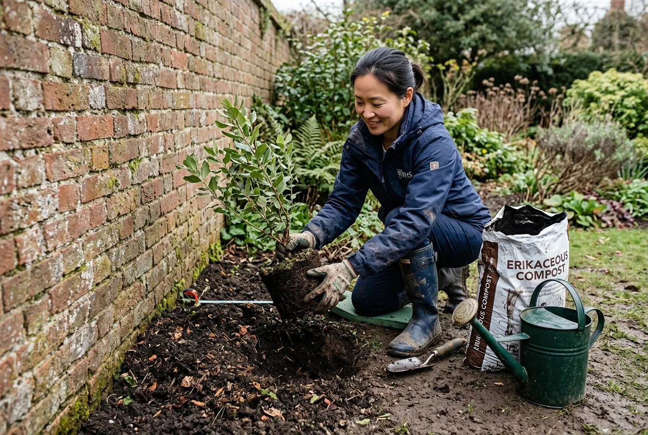 Planting a young garrya shrub near a north-facing wall in a UK garden with compost and watering can nearby