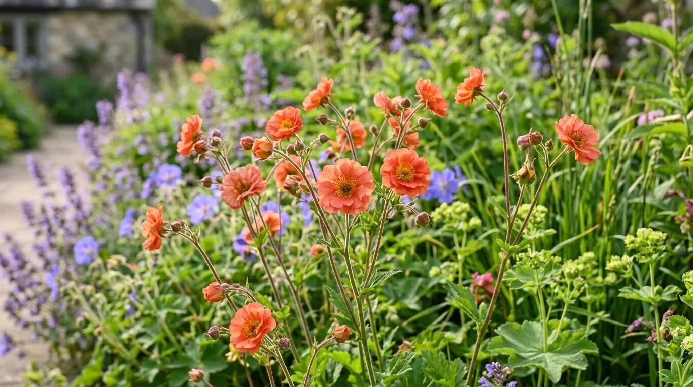 Orange Totally Tangerine geum flowers blooming in a sunny UK cottage garden border in late spring