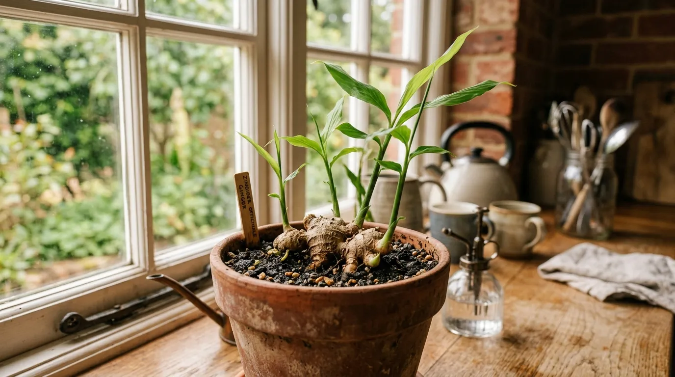 Ginger plant growing in a pot indoors in a bright UK kitchen with green shoots