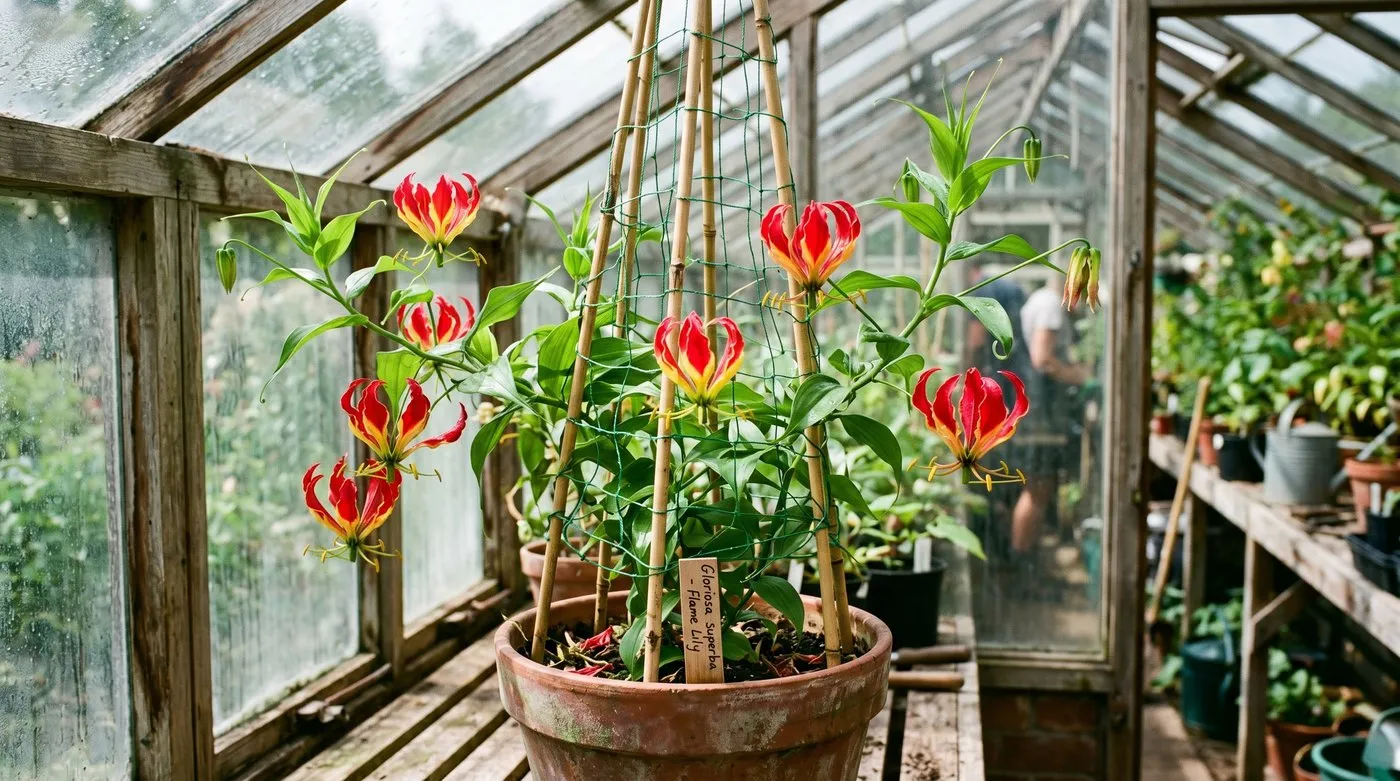 Gloriosa flame lily climbing a wigwam of thin canes with netting in a UK greenhouse