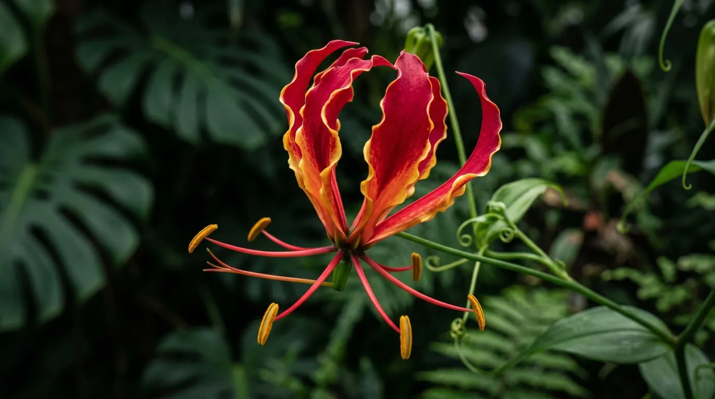 Close-up of a red and yellow gloriosa flame lily flower with reflexed petals and prominent stamens