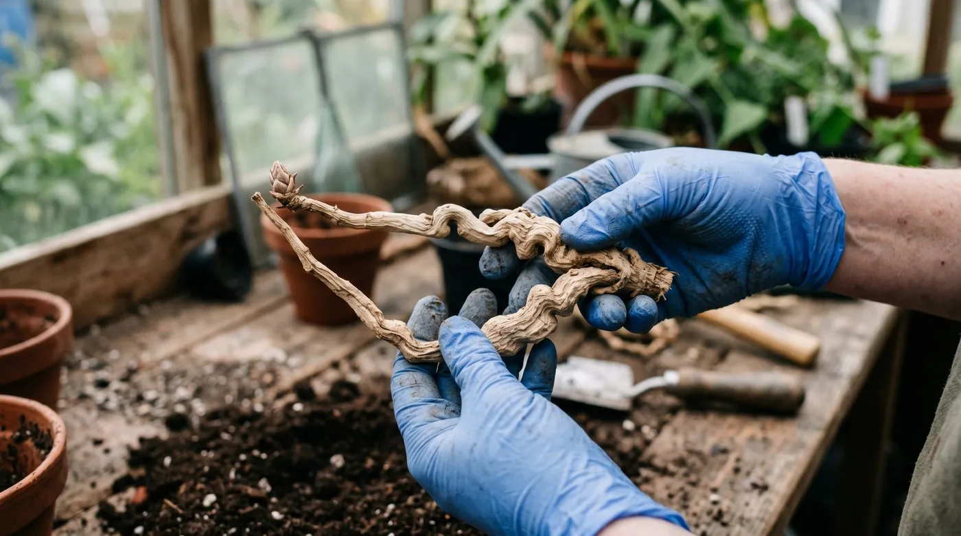 Gloved hands holding a long brittle V-shaped gloriosa tuber showing the delicate growth bud at one tip