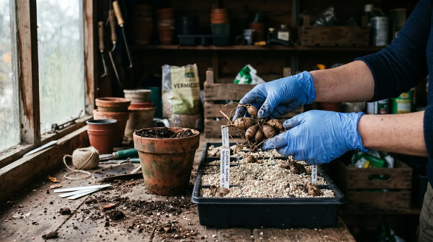 Gloved hands lifting a dormant gloriosa tuber from a pot and packing it into dry vermiculite for winter storage