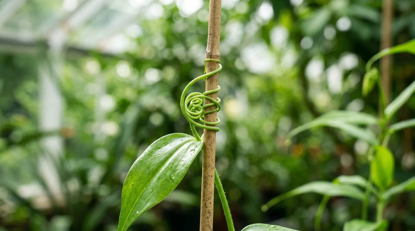 A curling green leaf-tip tendril of a gloriosa plant gripping a thin garden cane