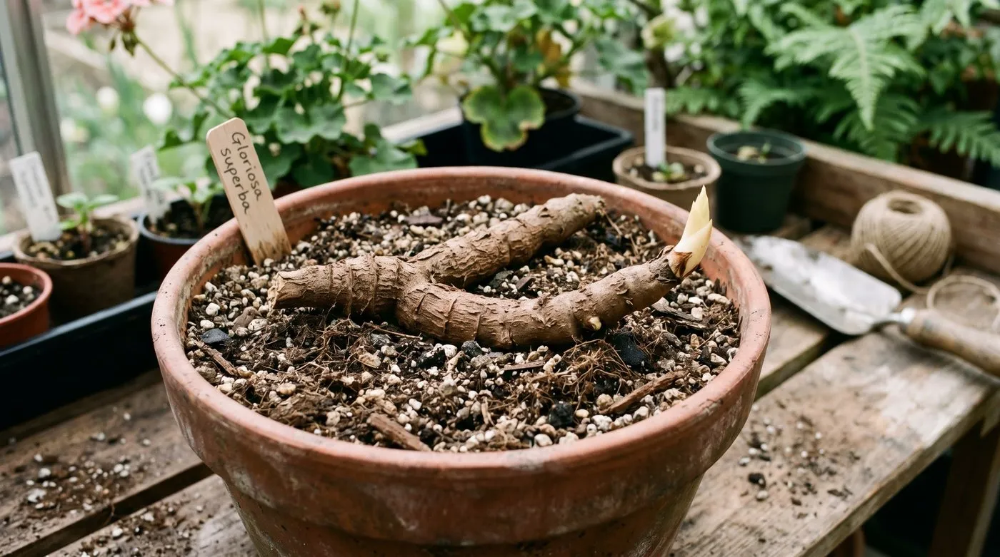 Cross-section view of a gloriosa tuber laid horizontally about 5cm deep in a pot of gritty compost