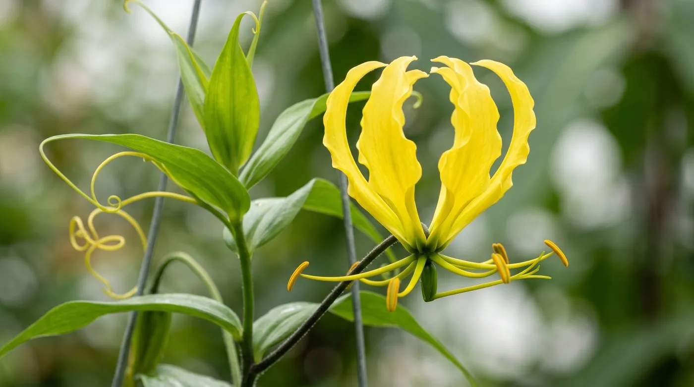 A clear yellow Gloriosa Lutea flame lily flower with reflexed petals in a greenhouse