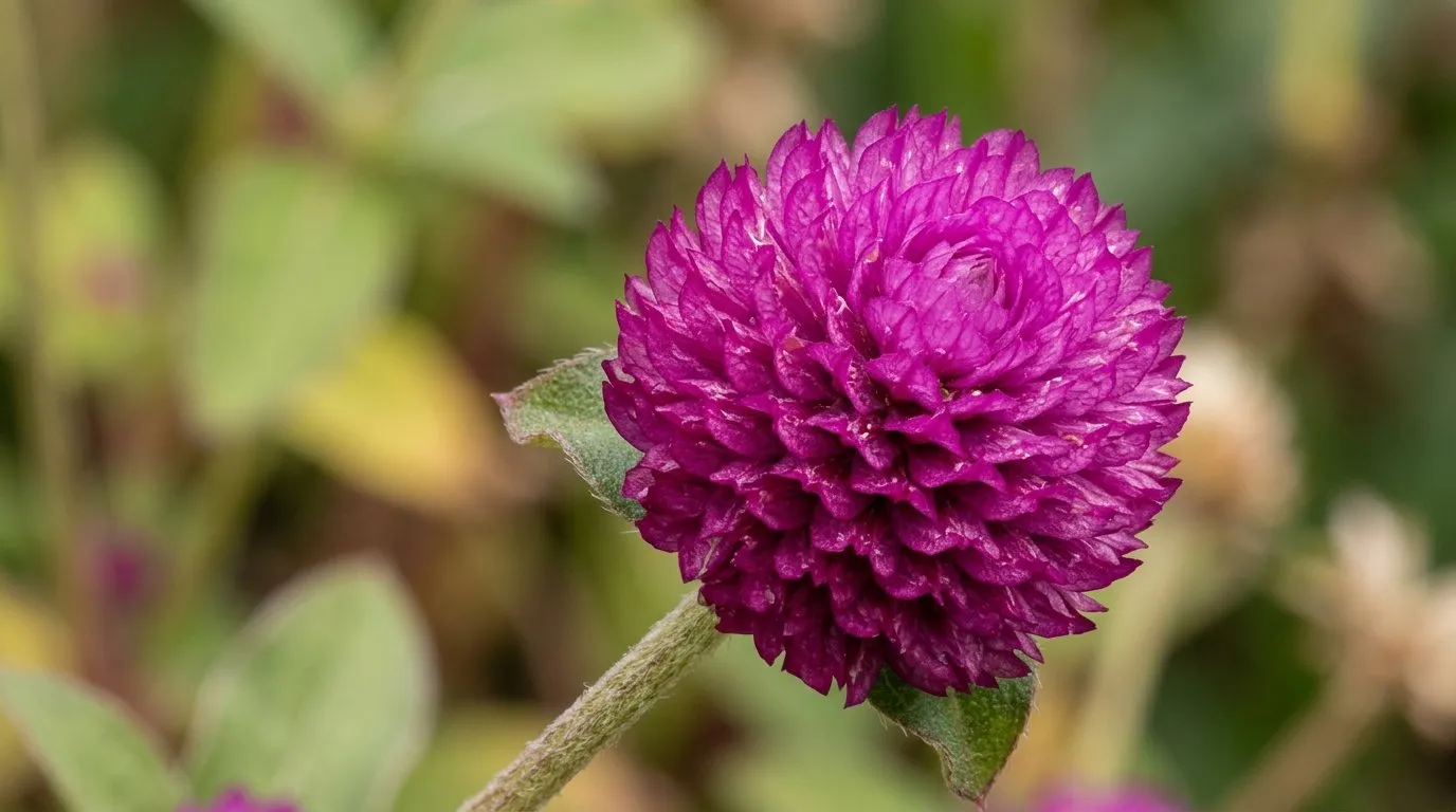 Macro close-up of a single magenta globe amaranth flower head showing papery clover-like bracts