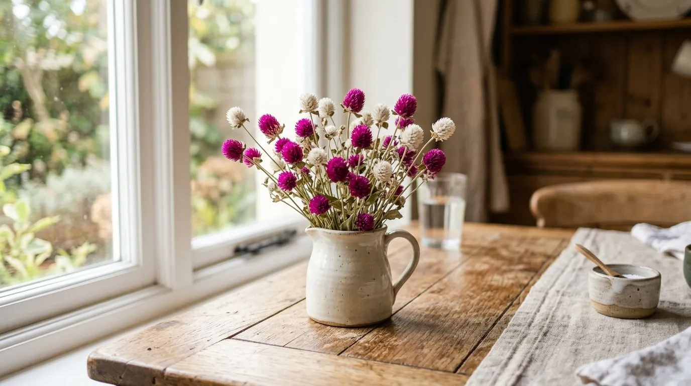 Dried magenta and white globe amaranth posy in a small jug on a kitchen table by a window