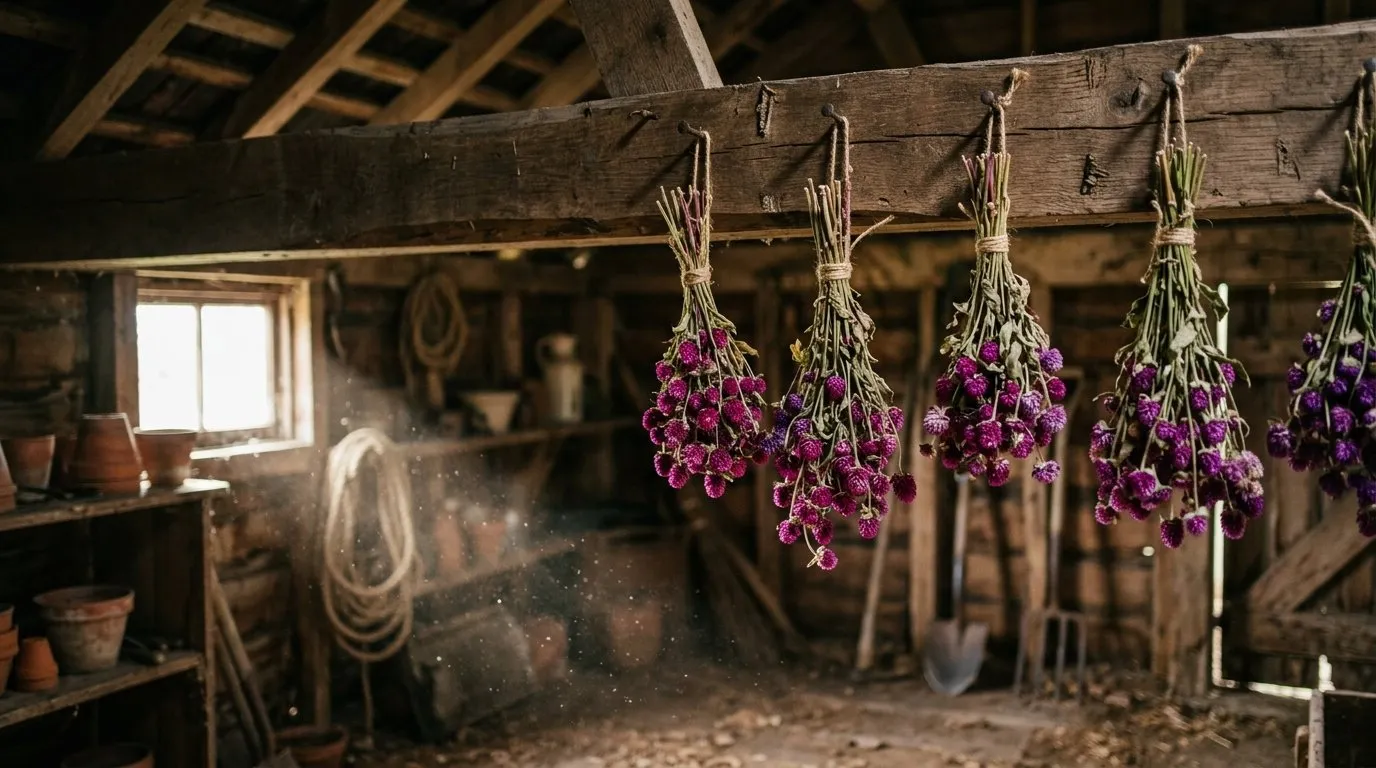 Bunches of magenta and purple globe amaranth hung upside down to dry in an airy timber shed