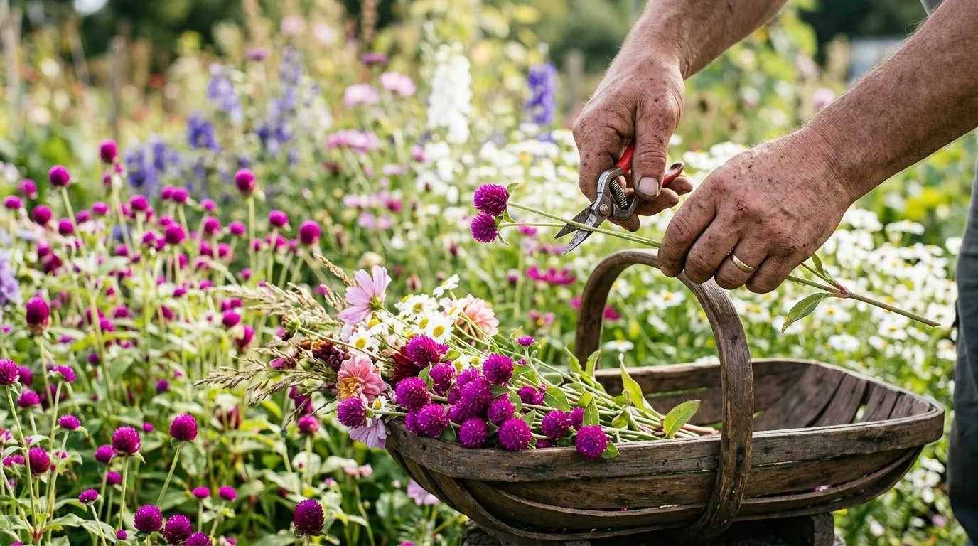 Gardener harvesting globe amaranth stems into a wooden trug in an allotment cutting bed