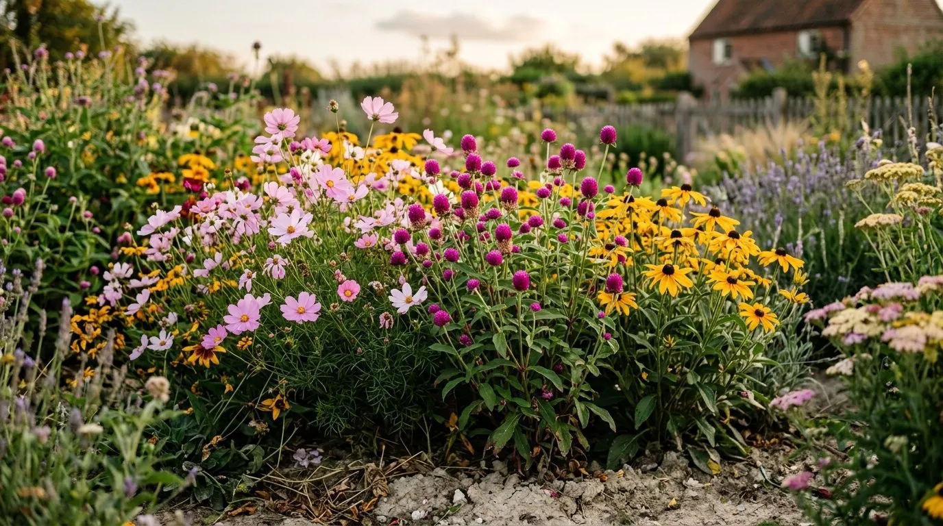 Mixed cut-flower border with globe amaranth, cosmos and rudbeckia in a Suffolk garden under soft evening light