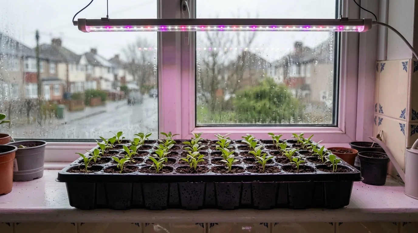 Gomphrena seedlings growing under LED grow lights on a windowsill in a suburban UK kitchen