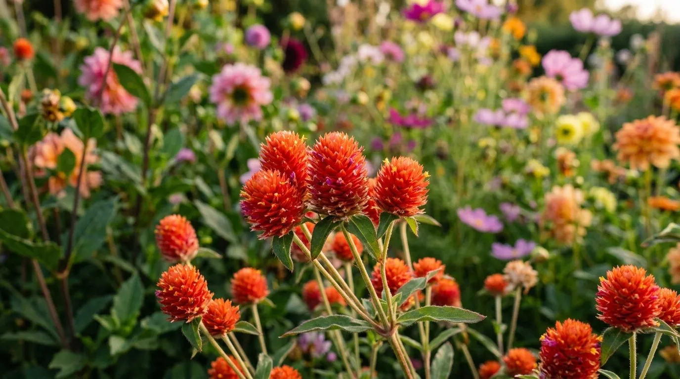 Close-up of orange-red Strawberry Fields globe amaranth flowers in a Suffolk mixed cut-flower border