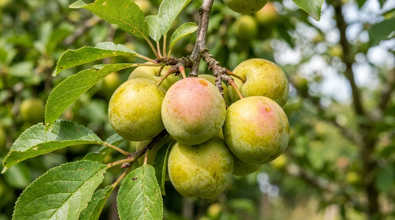 Close-up of a cluster of ripe Cambridge Gage greengages on the branch with dappled golden-green skin and a few light pink flushes