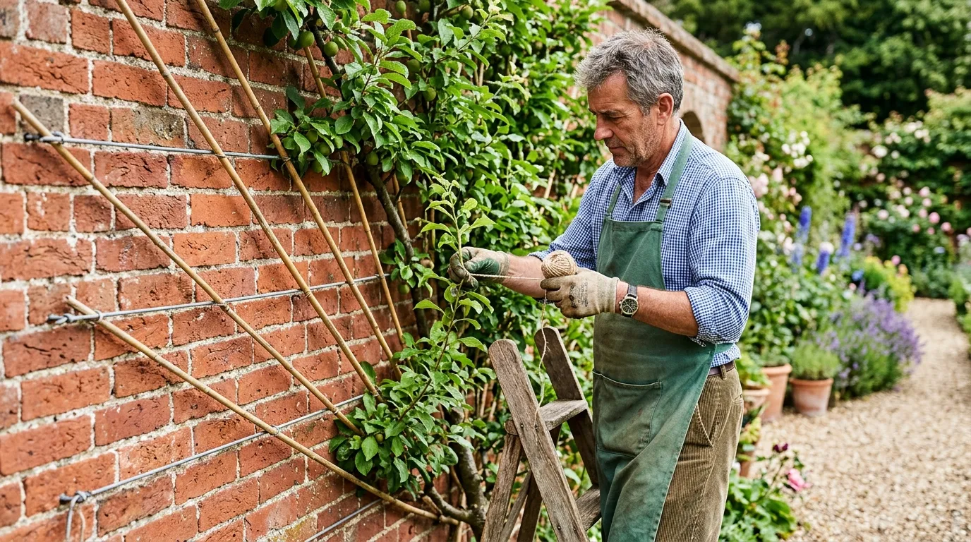 UK gardener tying in a young greengage shoot to a horizontal wire on a south-facing brick wall during summer fan training